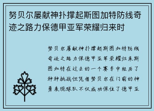 努贝尔屡献神扑撑起斯图加特防线奇迹之路力保德甲亚军荣耀归来时 努贝尔屡献神扑撑起斯图加特防线奇迹之路力保德甲亚军荣耀归来时