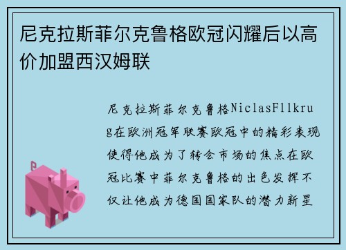 尼克拉斯菲尔克鲁格欧冠闪耀后以高价加盟西汉姆联 尼克拉斯菲尔克鲁格欧冠闪耀后以高价加盟西汉姆联